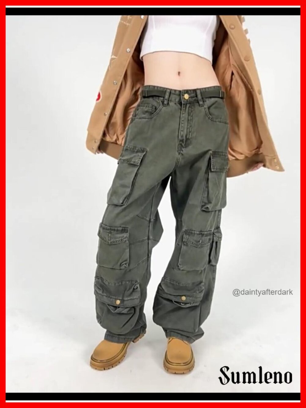 Cotton Blend Baggy Cargo Pants Wide Leg Low Rise Y2K Streetwear - Picture 6 of 6